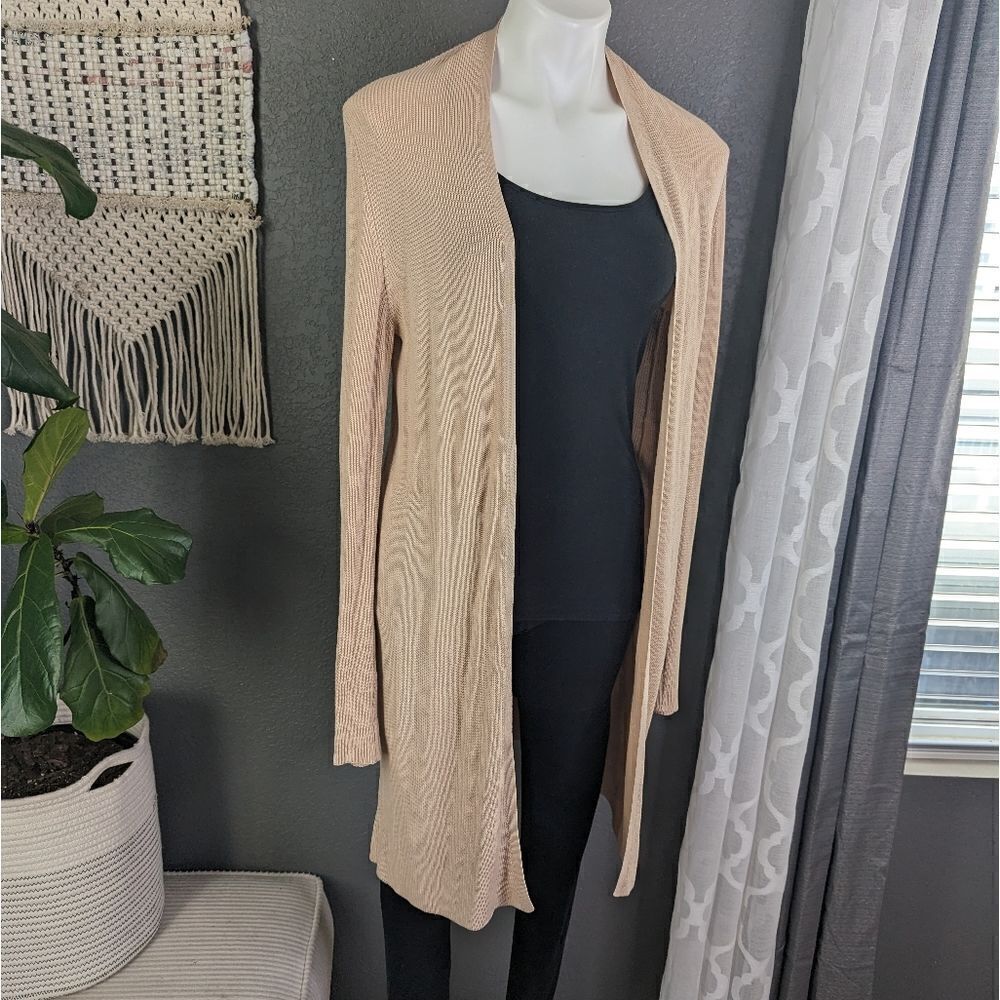 EILEEN FISHER Women's Ribbed Knit Tencel Open Long Cardigan Sweater Tan S - Picture 3 of 10